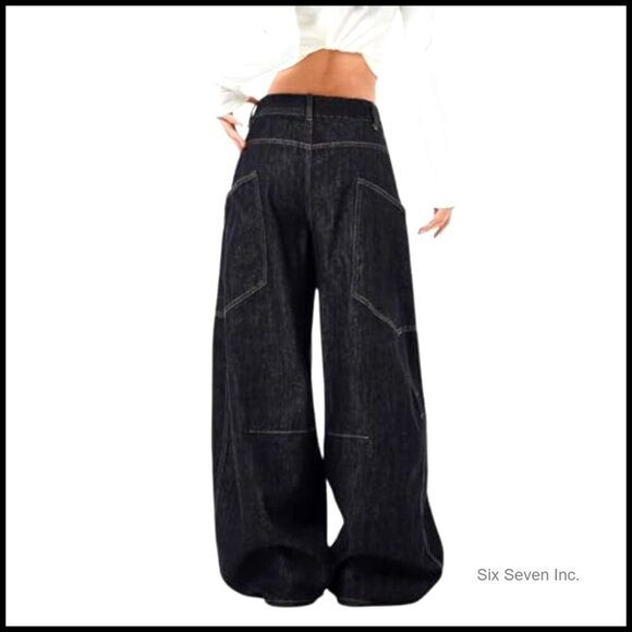 High Waisted Barrel Leg Jeans Oversized Y2K Streetwear Loose Fit Denim Pants - Picture 3 of 4